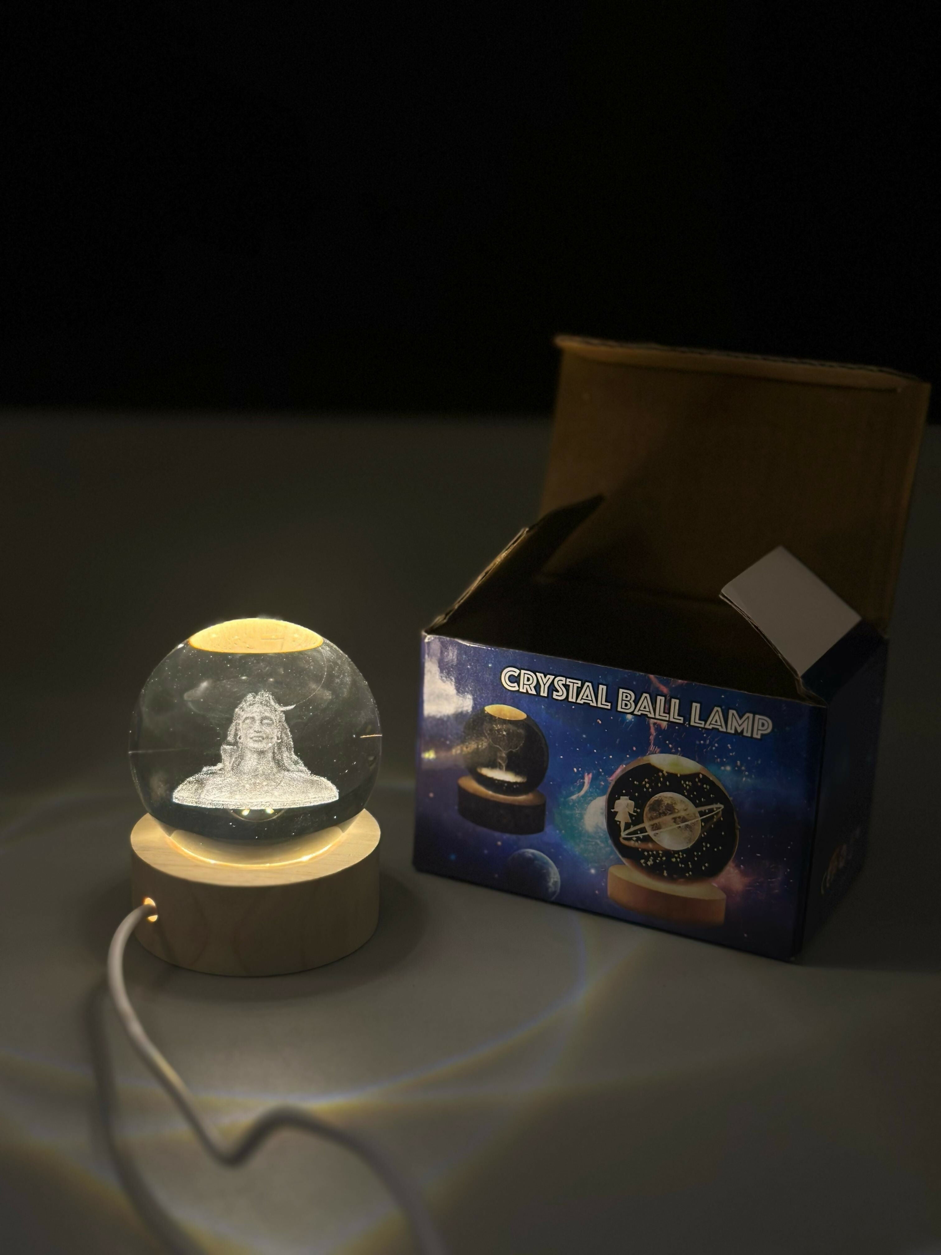 3D Crystal Glass Shiva Sculpture LED Night Lamp with Wooden Base